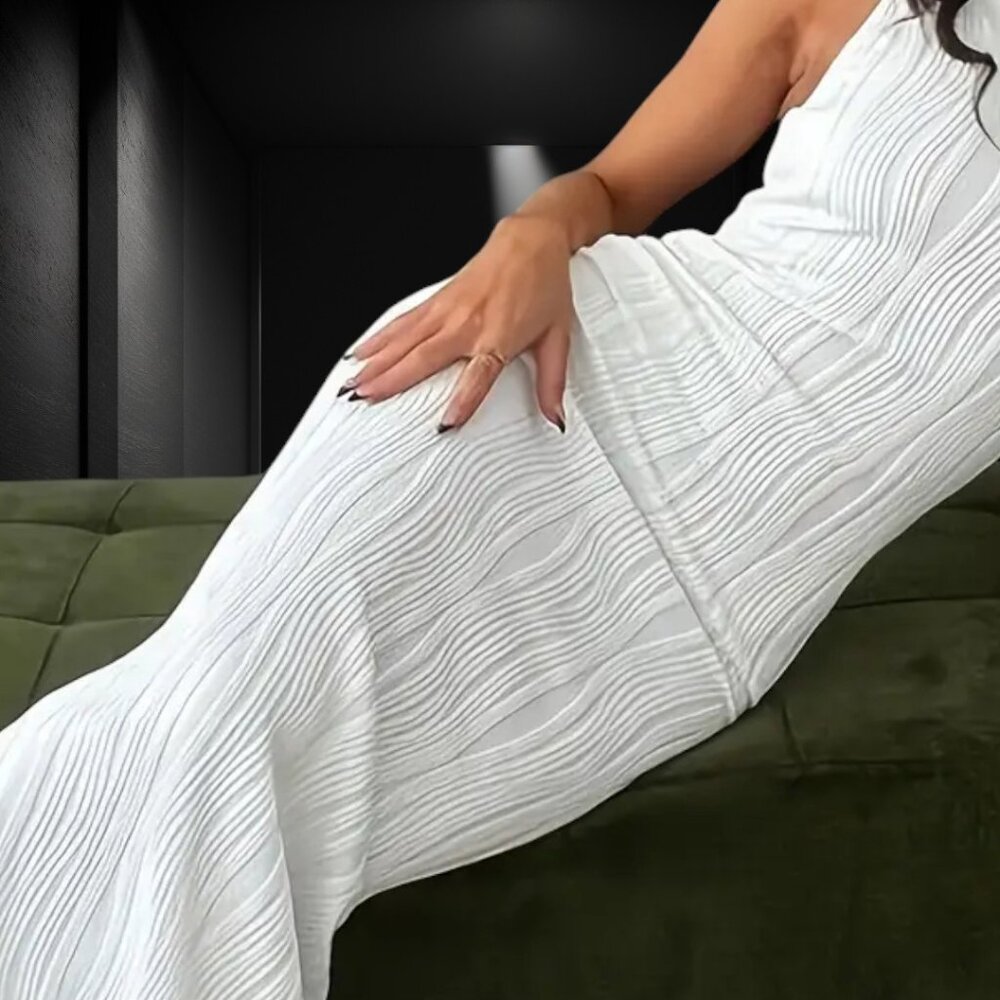 Luxurious Curve Hugging Super Stretchy Strappy Halter Tea Length Bodycon Dress - Picture 3 of 8